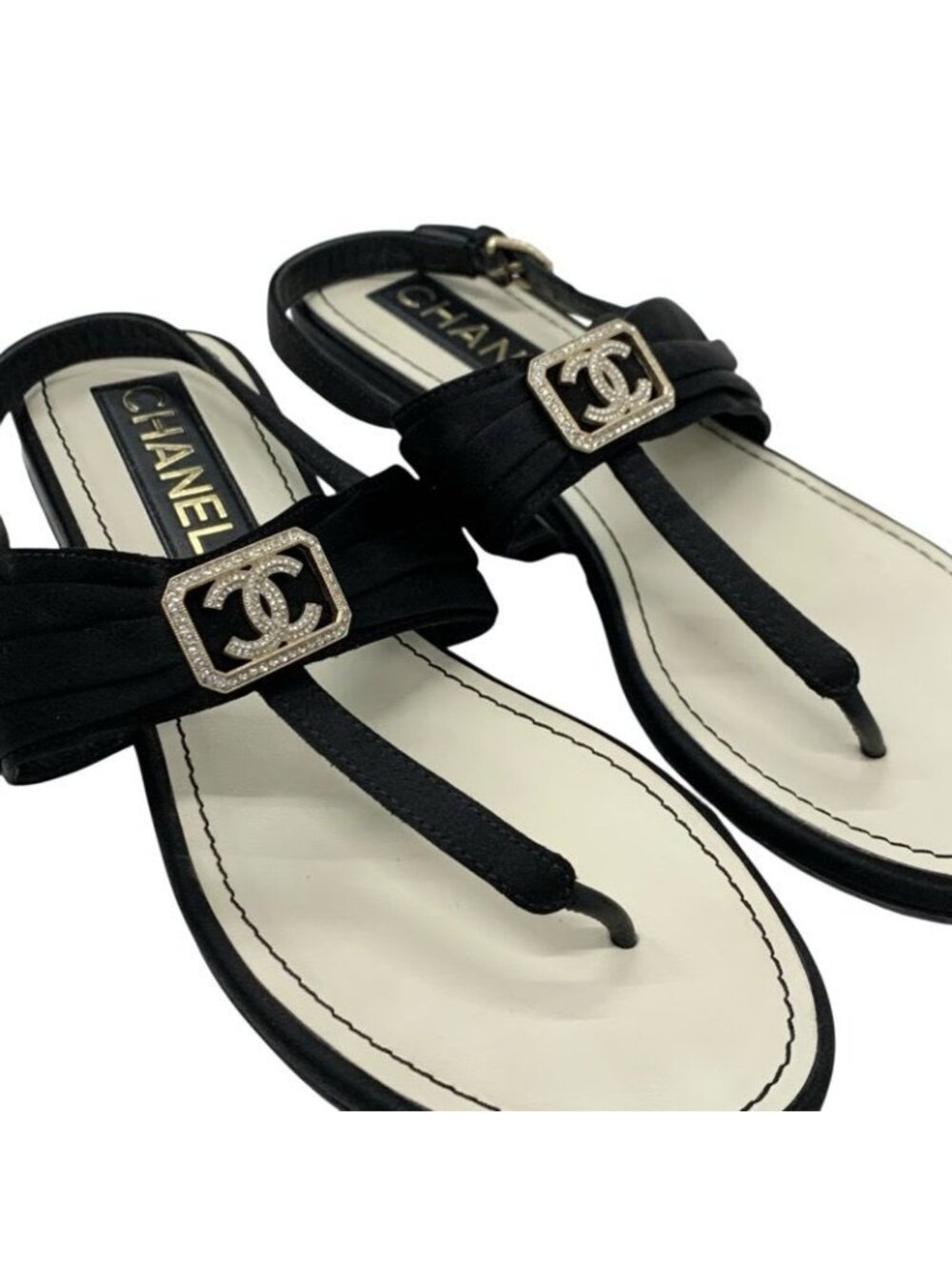 Chanel Sandals Shoes Satin Black Gold Coco Mark Rhinestone Thong Flat - Picture 10 of 10